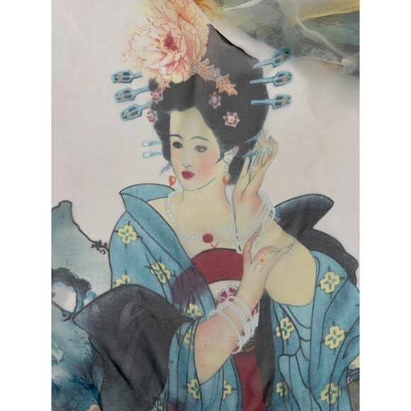 Silk Blend Scarf Asian Geisha Floral Print 66 x 19 Rectangle Art Wall Decor - Picture 8 of 10